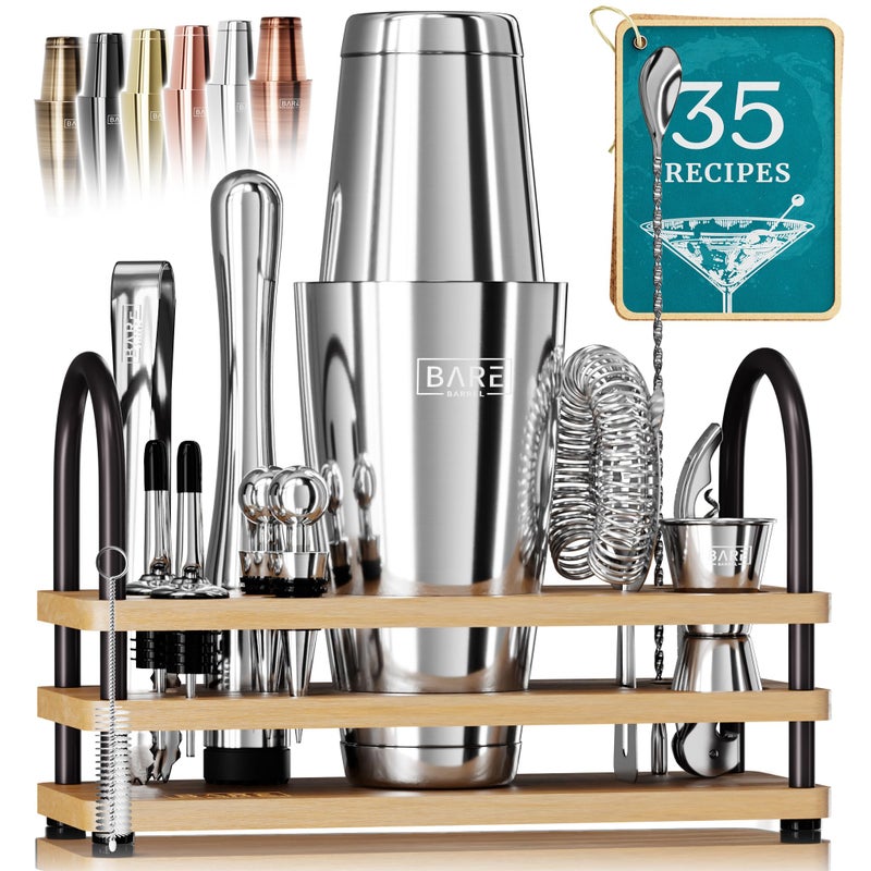 BARE BARREL Mixology Bartender Kit Bar Set | 14-Piece Cocktail Shaker Set | Martini Barware Mixing Tools for Home Bartending | 35 Recipe Cards | Gift Set (28oz Boston Shaker  Silver/Natural) - Image 1